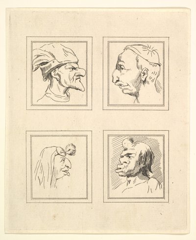 Čtyři hlavy z Characaturas od Leonarda da Vinciho, z kreseb Wincelslause Hollara, o..., 1786. od Unbekannt