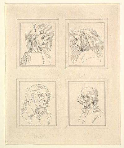 Čtyři hlavy z Characaturas od Leonarda da Vinciho, z kreseb Wincelslause Hollara, o..., 1786. od Unbekannt