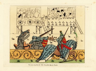 Francouzský rytíř Jean de Saintre v kormidlu s bodláčím porazil španělského rytíře Enguerranta s kormidlem s jelením hřebenem v zápase z rukopisu Histoire de Petit Jehan de Saintre, konec 15. století od Unbekannt