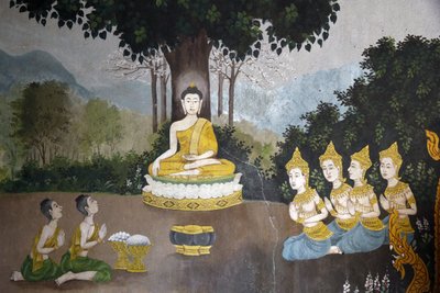 Freska zobrazující scénu Buddhova života ve Wat Phra Doi Suthep, Chiang Mai. Buddha přijímá almužnu. Thajsko od Unbekannt