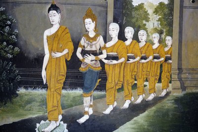 Freska zobrazující scénu Buddhova života ve Wat Phra Doi Suthep, Chiang Mai. Buddha a mniši na alm kole. Thajsko od Unbekannt