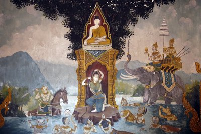 Freska zobrazující scénu Buddhova života ve Wat Phra Doi Suthep, Chiang Mai. Phra Mae Thorani si zkroutí dlouhé vlasy a přívaly vody vytvoří záplavu. Thajsko od Unbekannt