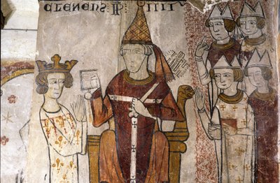 Freska věže Ferrande v Pernes-les-Fontaines (Pernes les Fontaines, Vaucluse (84)) ze 13. století: Karel I. z Anjou (1226-1285) byl 28. června 1265 papežem investován do Sicilského království. Klement IV (v. 1195-1268). od Unbekannt