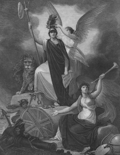 Frontispiece - Britannia držící Neptunův trojzubec, převýšená čepicí svobody a korunou od Unbekannt
