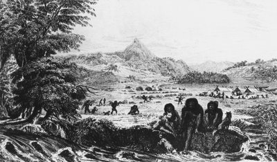 Fuegians ve Woollya, s táborem expedice Fitzroy v pozadí, 1831 1839 od Unbekannt