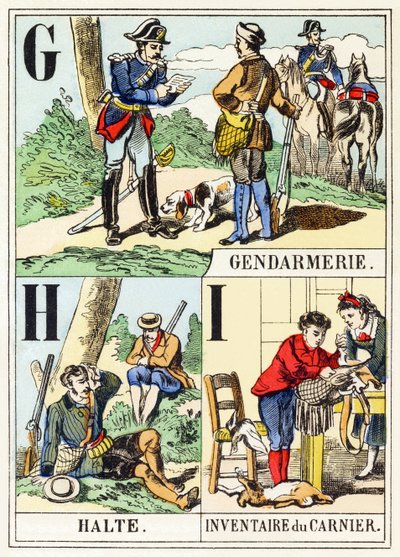 G H I: Gendarmerie, Halte, Inventaire du gamenier - The Hunting Alphabet, c.1890 (rytina) od Unbekannt