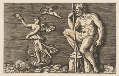 Galatea unikl Polyphemus, on sedí na skále, drží hůl a trubky a..., ca. 1515-1600. od Unbekannt