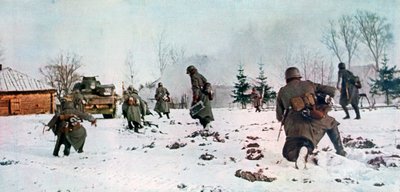 Němečtí pěšáci následují tank směrem k Moskvě ve sněhu, Rusko, 1941 od Unbekannt