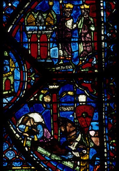 gotická architektura. Histoire de Charlemagne (detail): Karel Veliký (742-814) obdrží 3 hony (vysoké) a Vision of Constantine (Já, císař Byzantský). Vitráže severní ambulantní, absidiální. Cathedrale de Chartres. od Unbekannt