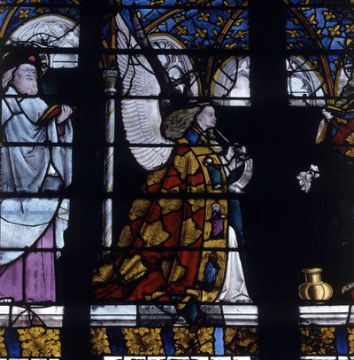 gotická architektura. Vitráže anděla zvěstování, detail anděla, cca 1450, od mistra Jacques Coeur (Jacob de Littem). Cathedrale de Bourges. od Unbekannt