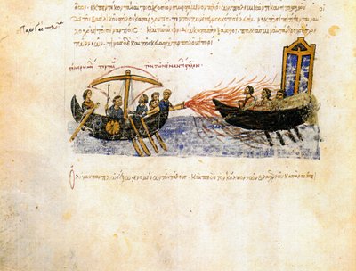 Řecký oheň. Miniatura z madridských Skylitzes, 11.-12. století od Unbekannt