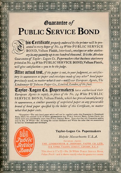 Záruka dluhopisů veřejné služby - reklama Taylor-Logan Co. Papermakers, 1919 od Unbekannt