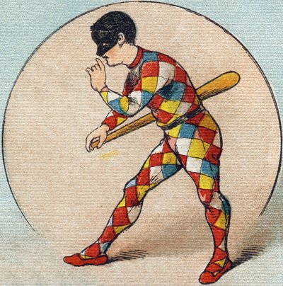 Harlekýn. Rytina "Alphabet de ma petite fille". Bernardin-Bechet a Fils, knihkupci-nakladatelé, Paříž, kolem roku 1895. Nerozbitné album na plátně. Bibliotheque des Bebes. 12 stran. Album obsahující metodu čtení a názornou abecedu. Ztlumit od Unbekannt