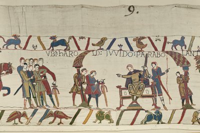Harold a hrabě Guy z Ponthieu spolu mluví v Beaurain, Bayeux Tapestry (vlněná výšivka na plátně) od Unbekannt