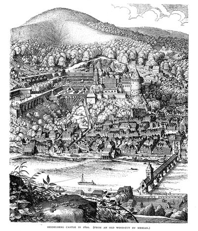 Hrad a město Heidelberg při pohledu přes řeku Neckar, Německo, v roce 1620 od Unbekannt