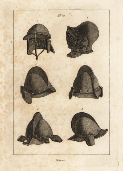 Přilba se sklopným pivem v Tower of London 1, přilba s dvojitou tyčí 2 a salát s orelem nebo sluchátky 3-6 od Unbekannt