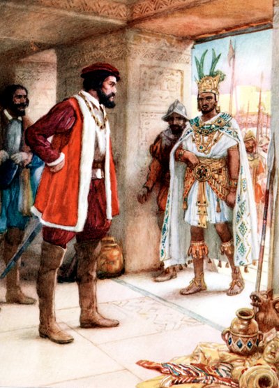 Hernan Cortes se setkal s aztéckým císařem Montezumou, 1519 od Unbekannt