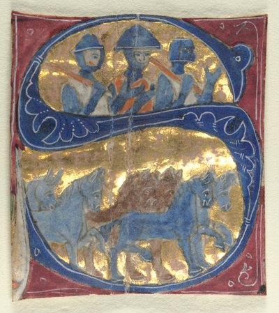 Historická iniciála S Vyříznutá z Bible: Vojáci a koně, 13. století. od Unbekannt