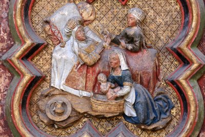 Historie sv. Jana Křtitele: „Narození sv. Jana Křtitele.“ Basreliéf severního konce severního chóru (1531). Polychromovaný kámen. 1531. Katedrála v Amiens, Amiens, Francie od Unbekannt