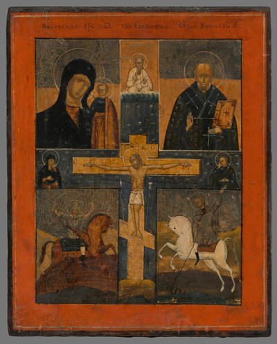 Ikona-Ukřižování s Kazanská Bohorodičkou, sv.Mikuláše, sv.Jurajom a Dimitrij od Unbekannt