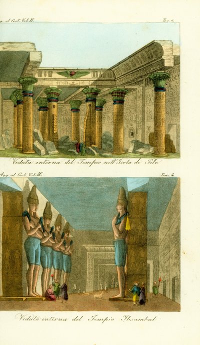 Interiér chrámu Isis na ostrově Philae v Núbii a interiér Velkého chrámu Ramsese II v Abu Simbel (Ibsambul), Núbie od Unbekannt