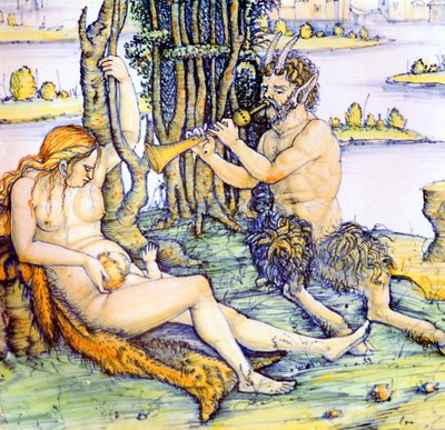 Italský hliněný talíř zobrazující rodinu satyrů po Durerovi od Unbekannt