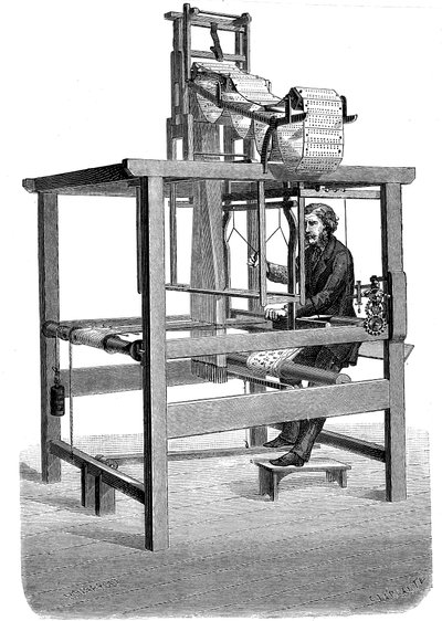 Žakárový tkalcovský stav s lupy děrných štítků, z nichž byl utkán vzor, 1876 od Unbekannt