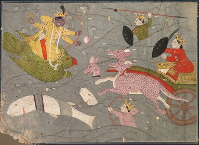 Krišna bojující proti Vanasuras Sons: Scéna z Aniruddha Usha sekce Krishna Lila, c. 1840. od Unbekannt