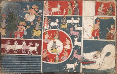Krišna hraje na flétnu a další epizody z Bhágavata Purány, c. 1650. od Unbekannt