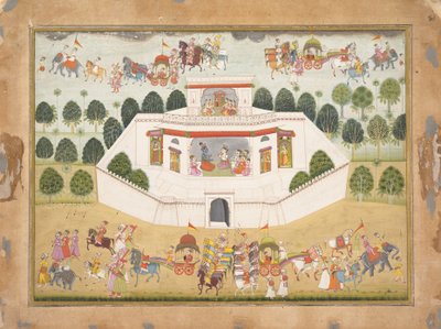 Krišna a Balarama v opevněném paláci: Stránka z rozptýlené Bhágavata Purány..., ca. 1700. od Unbekannt