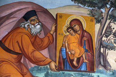 Klášter Kykkos, Kypr. Freska. Mnich nesoucí posvátnou ikonu, 20150510, Pedoulas, Kypr od Unbekannt