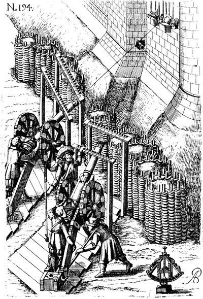 Položení obléhacího děla na cíl, ze stroje Le Different et artificiose, 1620 od Unbekannt
