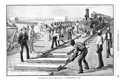 Pokládka pražců a kolejnic natrvalo na Transvaalské železnici, Jižní Afrika, 1893 od Unbekannt