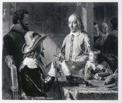 Anglický lékař William Harvey (1578-1637) montrant au roi Charles Ier Stuart d