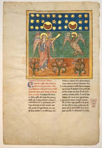 List z rukopisu Beatus: Čtvrtý anděl zatroubí na trubku a orel..., ca. 1180. od Unbekannt
