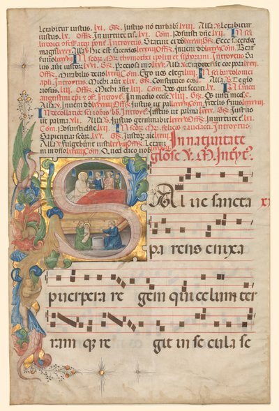 List z graduálu: Historická počáteční S[alve Sancta Parens] s Narozením Panny recto, c. od Unbekannt