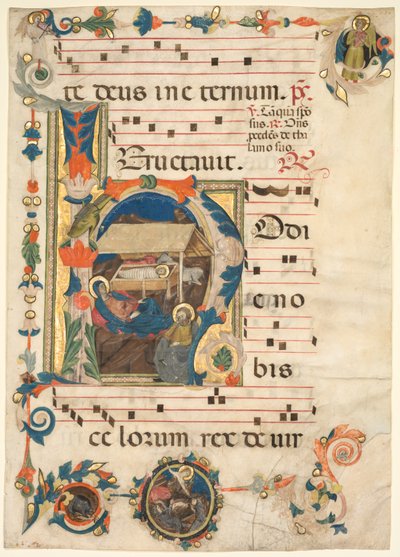 List z antifonáře s historickou iniciálou H s The Nativity recto, počátek 13. století. od Unbekannt