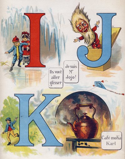 Písmeno I, J a K: Jdou klouzat, já jsem pan Jojo a kavárna Moka Karl. Rytina v "ABC L