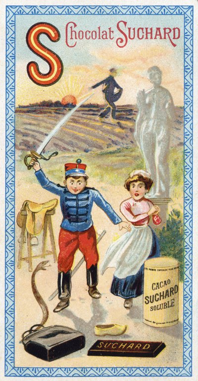 Písmeno S: slunce, setba, rozsévač, sluha, omráčení, voják, meč, sedlo, had, socha, kopyto, taška. Rytina abecedy v úpravě Chocolat Suchard, počátek 20. století. 24 chromolitografů představujících místa, postavy a předměty od Unbekannt