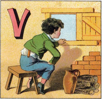 Písmeno V jako vasistas. Zvědavé dítě při pohledu z okna. Rytina v "Alphabet des petits ecoliers". Imaging of Epinal, circa 1885. Privee Collection od Unbekannt