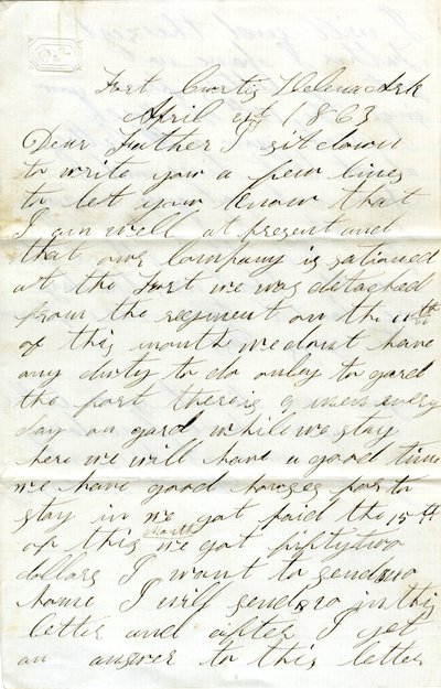 Dopis podepsaný Davidem T. Masseyem, Fort Curtis, Helena, Ark., svému otci (Nathan Massey), 21. dubna 1863 od Unbekannt