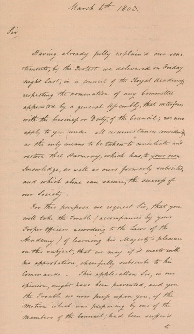 Dopis Benjaminu Westovi, prezidentovi Královské akademie, 1803 1904 od Unbekannt