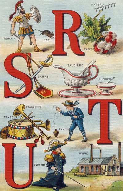 Písmena R S T U; Ředkvičky hrábě; Římský; Šavle; Sauciere Cukr; Trubkový buben; Horní; Jednotný; Továrna. Rytina "Alphabet de ma petite fille". Bernardin-Bechet a Fils, knihkupci-nakladatelé, Paříž, kolem roku 1895. Nerozbitné album na plátně. Bibliotheque od Unbekannt