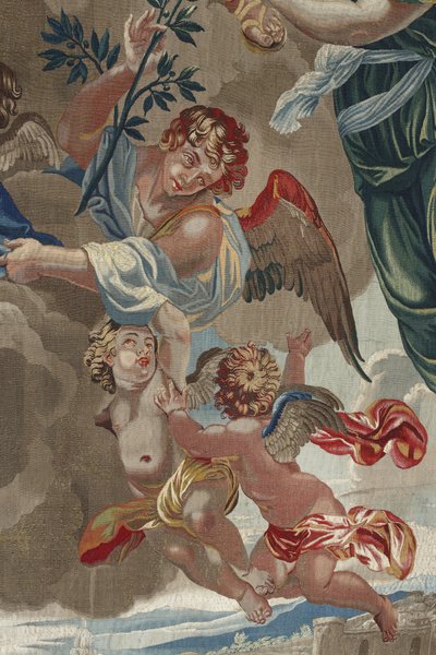 Život Panny Marie: „Korunovace Panny“ (Korunovace Panny Marie) Detail andělů Tapiserie z vlny a hedvábí vyrobené v dílně Pierra Damoura podle kreseb Charlese Poersona (1609-1667) od Unbekannt