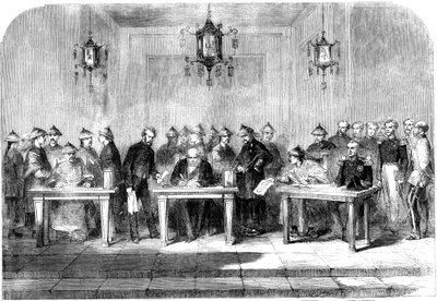 Lord Elgin podepsal smlouvu z Tianjinu o ukončení druhé opiové války, 1858 od Unbekannt