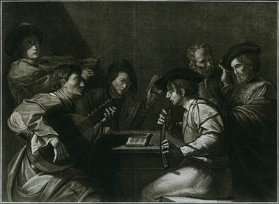 Loutna, housle a černý zakřivený cink, italská rytina roku 1784, 1948 od Unbekannt