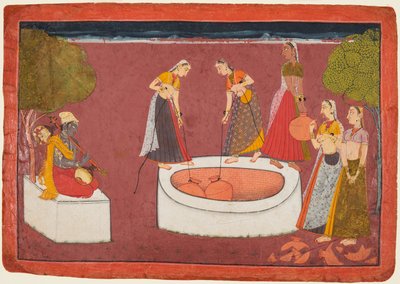 Madhava hraje svůj vina před pěti ženami čerpajícími vodu ze studny, z Madhavanala..., c. 1700. od Unbekannt
