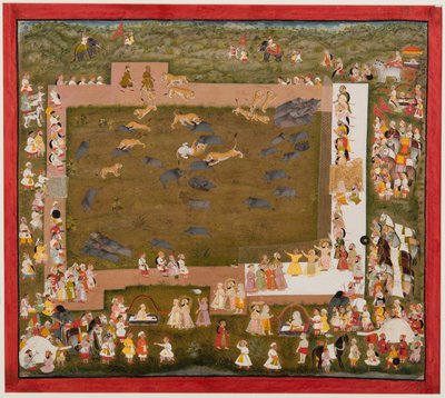 Maharaja Sangram Singh a jeho dvůr pozorují boj mezi tygry a kance v Sadri, c. 1720. od Unbekannt