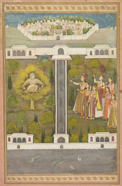 Mahliqa, dcera čínského císaře, ukazuje na ptačího muže Khwaja Mubarak..., c. 1710. od Unbekannt