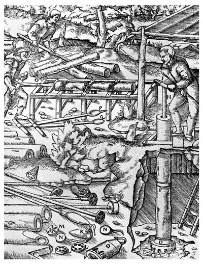 Výroba a používání jilmových čerpadel k odvodňování dolů před dny parního stroje, 1556 1956 od Unbekannt